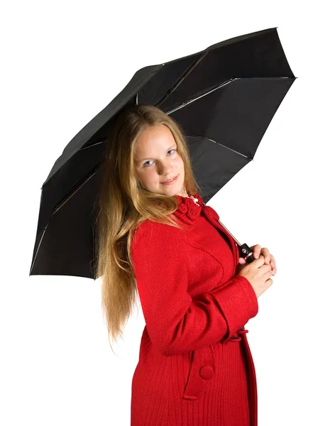 Menina bonita em capa com guarda-chuva — Fotografia de Stock
