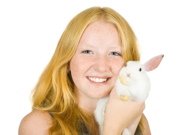 Chica con conejo mascota — Foto de Stock