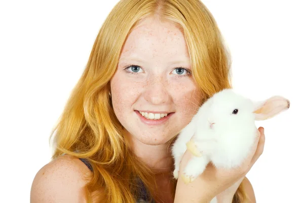 Menina com coelho de estimação — Fotografia de Stock