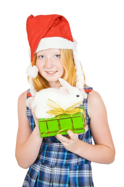 Ragazza in cappello di Babbo Natale con regalo e coniglio — Foto Stock