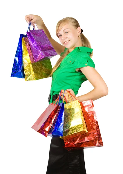 Boldog lány gazdaság bevásárló táskák — Stock Fotó