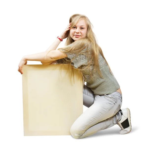 Girl holds empty poster — Stock Photo, Image