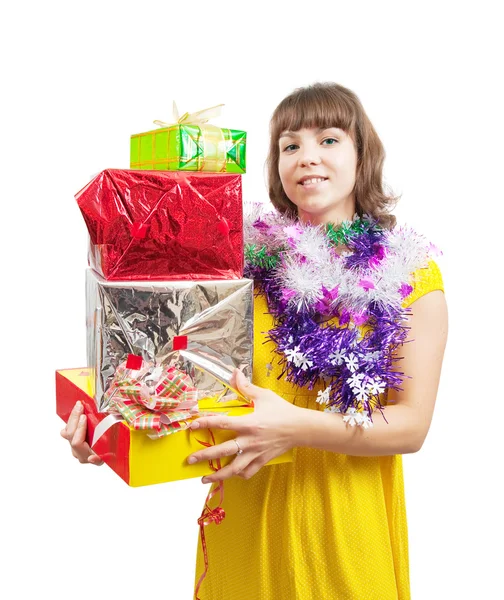 Girl in dress with present boxes — Stock Photo, Image