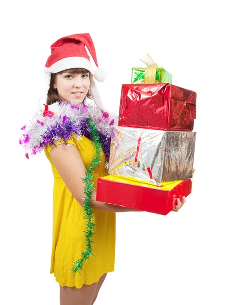 Chica en vestido con cajas de regalo —  Fotos de Stock