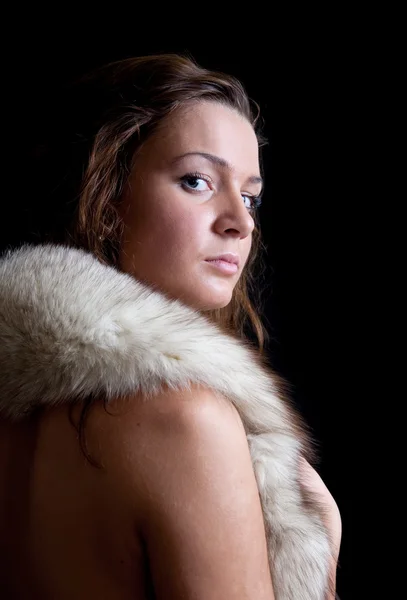 Nude woman covered fur — Stock Photo, Image
