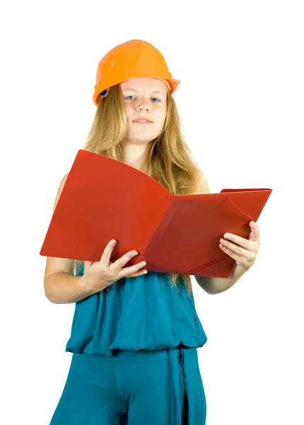 Girl in hard hat with documents — Stock Photo, Image