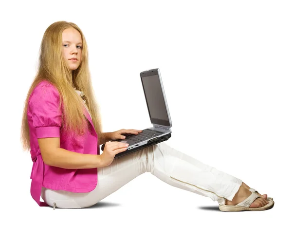 Dívka sedící s notebookem — Stock fotografie