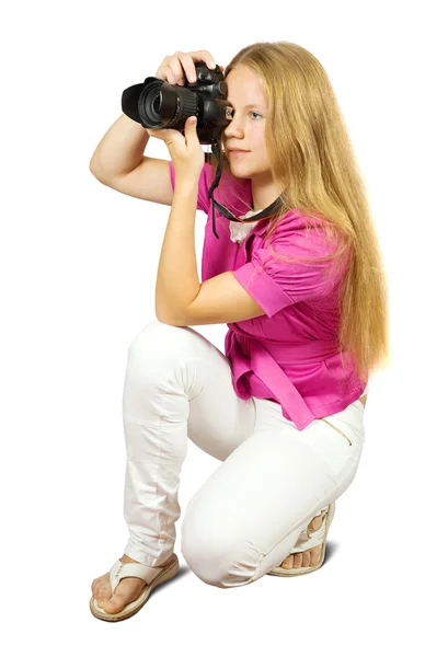 Kobieta fotograf z aparatem fotograficznym — Zdjęcie stockowe