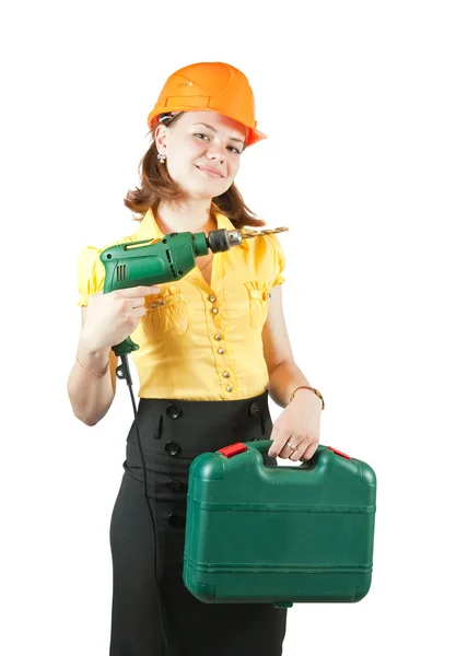 Menina com caixa de ferramentas e broca — Fotografia de Stock