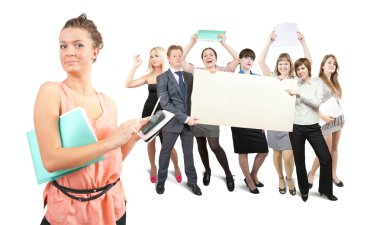 Businesswoman against businessteam holds blank canvas clipart