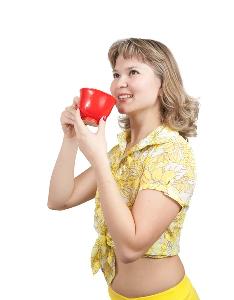 Menina com xícara de chá sobre branco — Fotografia de Stock