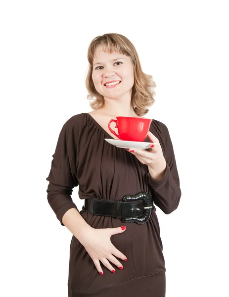Chica con taza de té sobre blanco —  Fotos de Stock