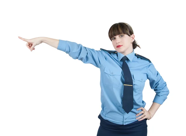 Pointing woman in uniform — Stock Photo, Image