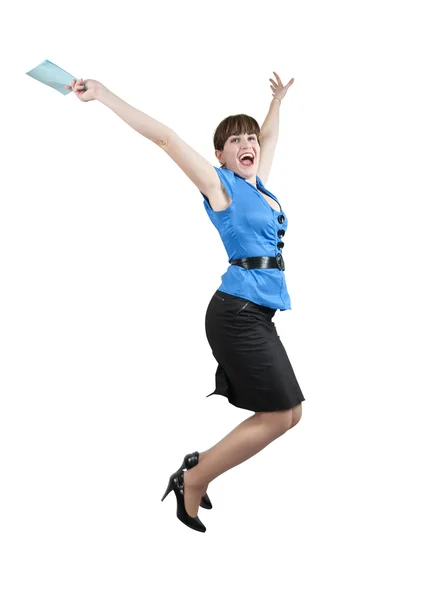 Jumping šťastný podnikatelka — Stock fotografie