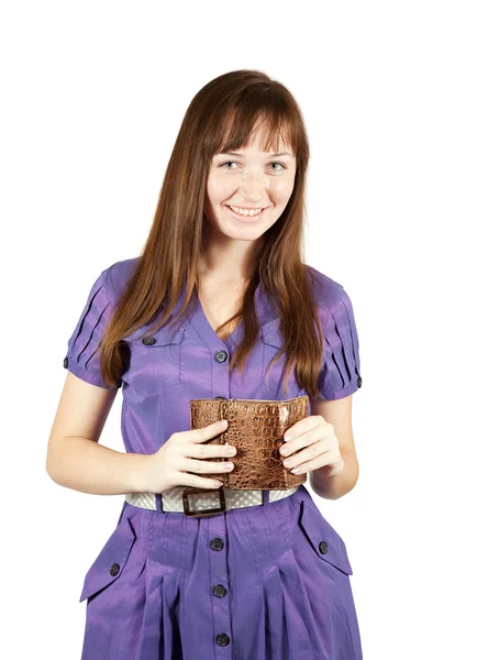Kadın kahverengi cüzdan ile — Stok fotoğraf