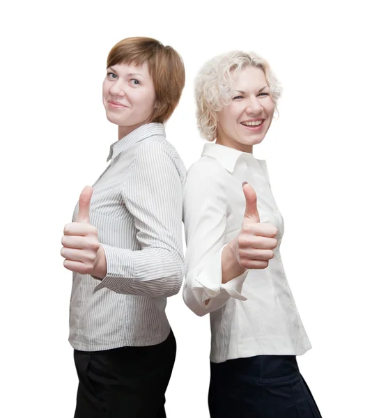 Zufriedene Geschäftsfrauen mit erhobenem Daumen. Fokus auf Hände — Stockfoto