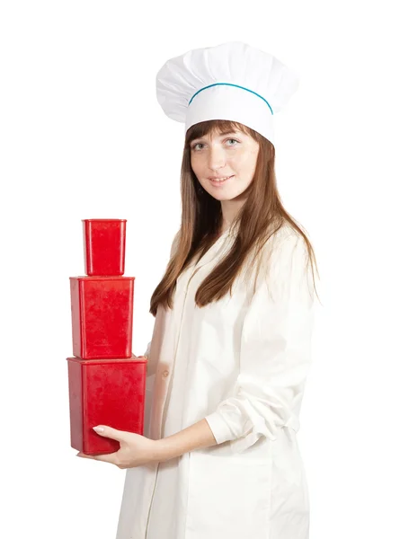 Cook with red plastic packages — Stock Photo, Image