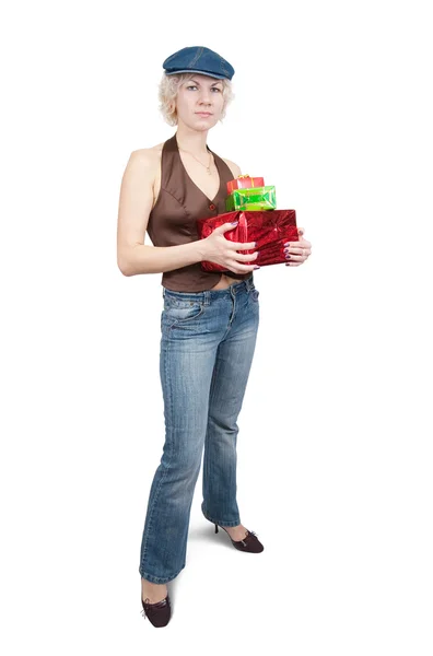 Girl with gifts over white — Stock Photo, Image