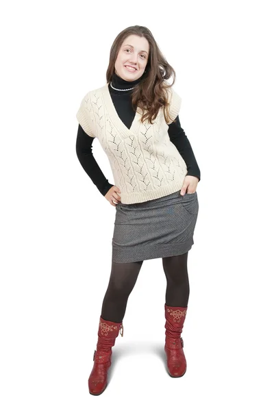 Chica de pelo largo en suéter sobre blanco —  Fotos de Stock