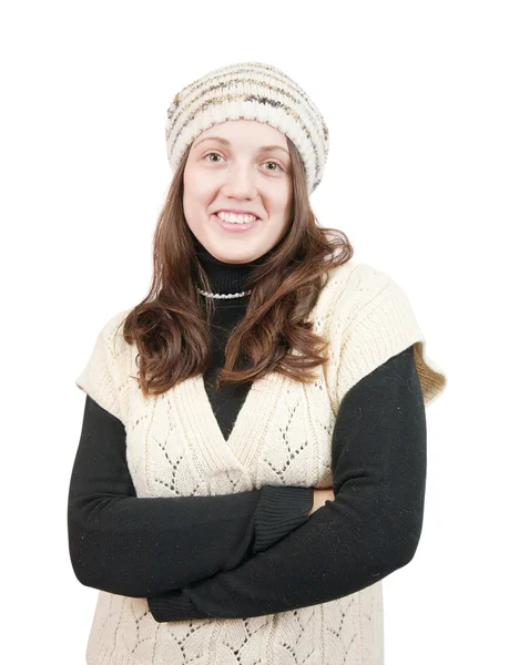 Μακρυμάλλης κορίτσι στο πουλόβερ πάνω από λευκό — Φωτογραφία Αρχείου