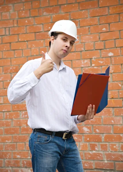 Happy builder with thumbs up — Stock Photo, Image