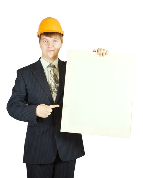 Biznesmen w gospodarstwie robotnik transparent — Zdjęcie stockowe