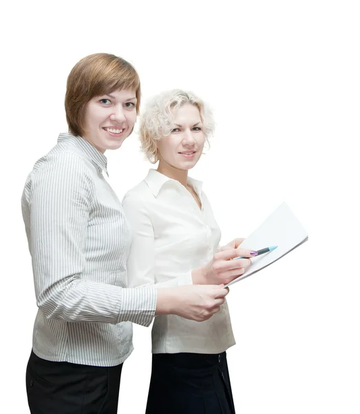 Female businesspeople discussing a project over white Stock Picture
