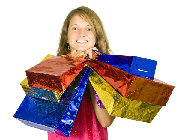 Gelukkig tiener meisje houdt van boodschappentassen — Stockfoto