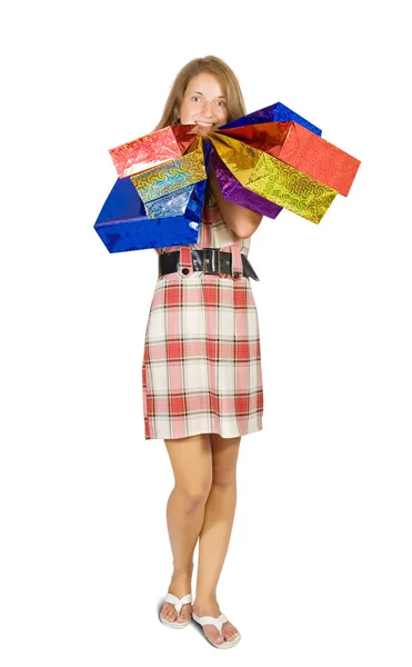 Κορίτσι που κρατάει τσάντες για ψώνια — Φωτογραφία Αρχείου