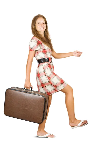 Κορίτσι μετάβαση με βαλίτσα — Φωτογραφία Αρχείου