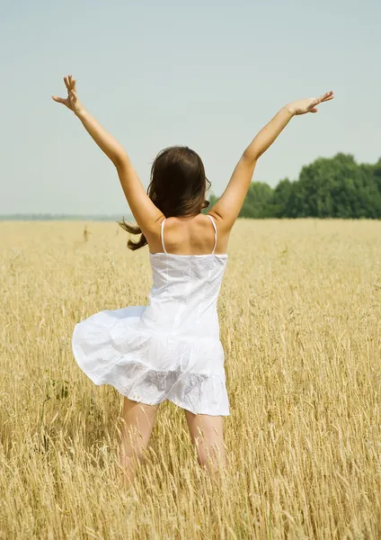 Menina de vestido branco no campo de cereais — Fotografia de Stock