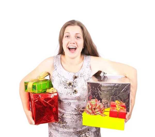 Ragazza felice con scatole regalo colorate — Foto Stock