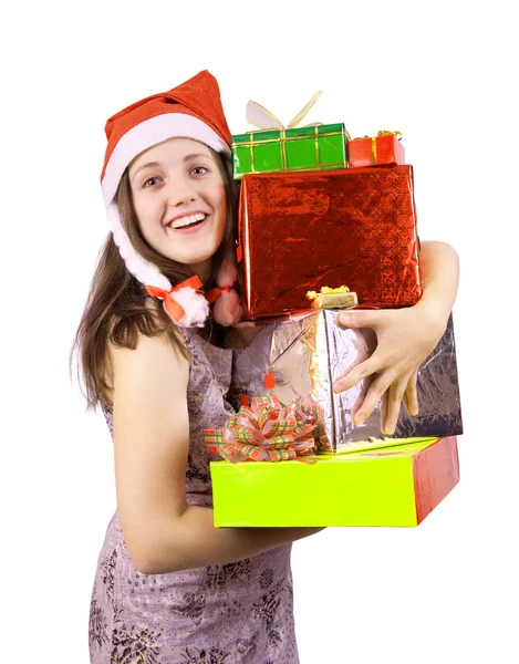 Güzellik kız ile üzerine beyaz Noel hediyeleri — Stok fotoğraf