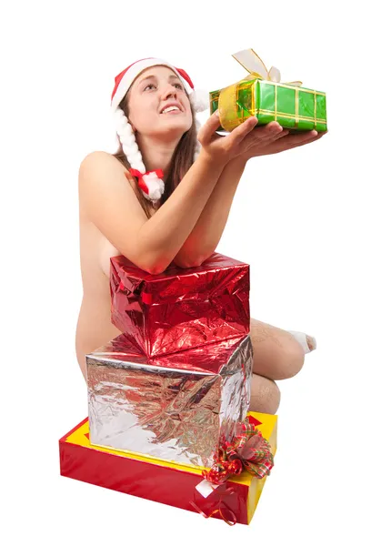 Boldog lány, elszigetelt, felett fehér ajándékok — Stock Fotó