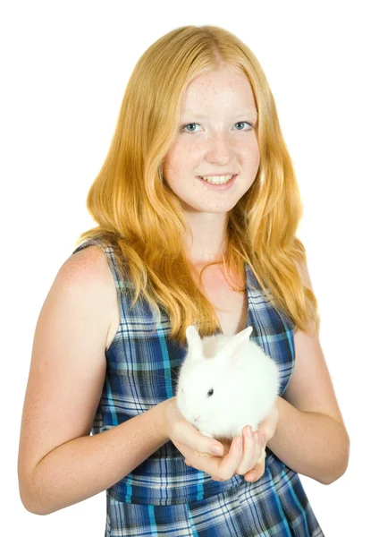 Ragazza con coniglio domestico — Foto Stock