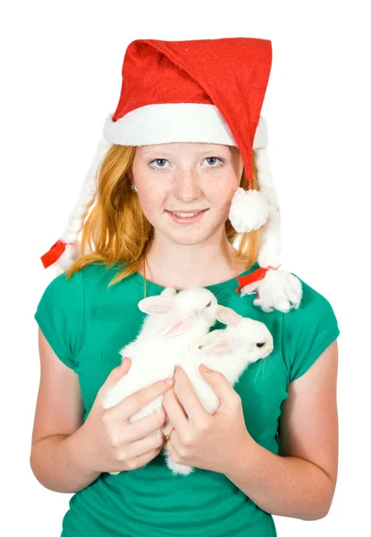 Girl with pet rabbits — Stock Photo, Image