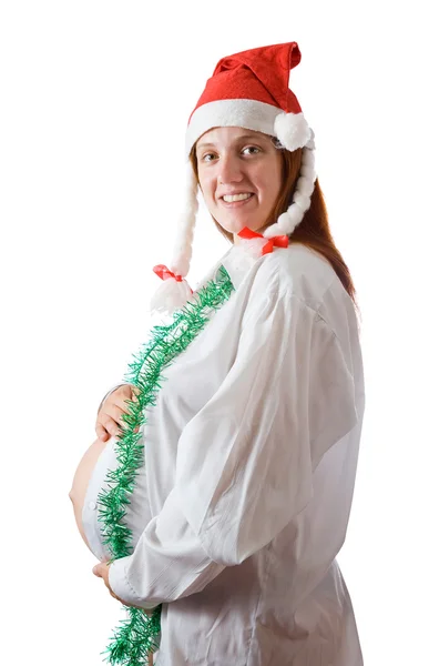 孕妇在圣诞帽子 — 图库照片
