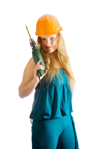 Girl in hard hat with drill — Stock Photo, Image