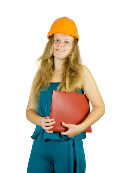 Businesswoman in hard hat with documents — Stock Photo, Image