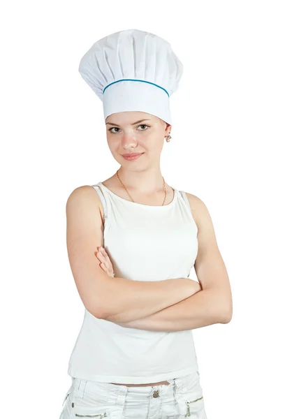 Koch in Haube über Weiß — Stockfoto