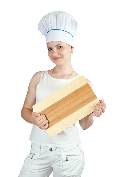 Cook in white with cutting board — Stock Photo, Image