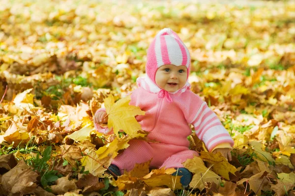 Kind zit in de herfst park — Stockfoto