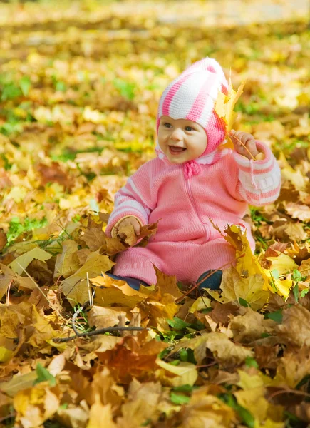 Aby 女の子紅葉と一緒に遊んを葉します。 — ストック写真