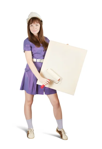Female housebuilder holds blank canvas — Stock Photo, Image