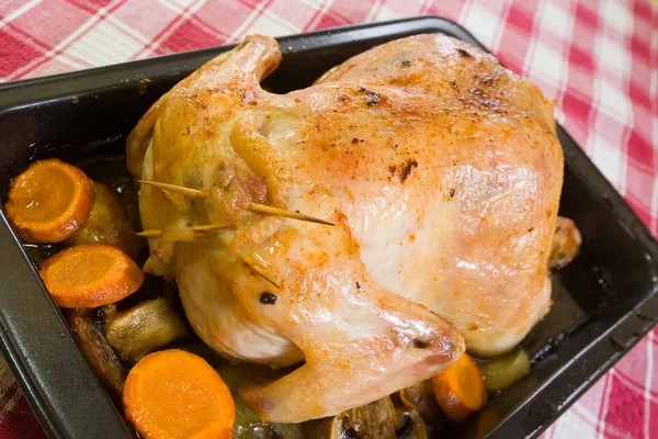 Stuffed chicken in roasting pan