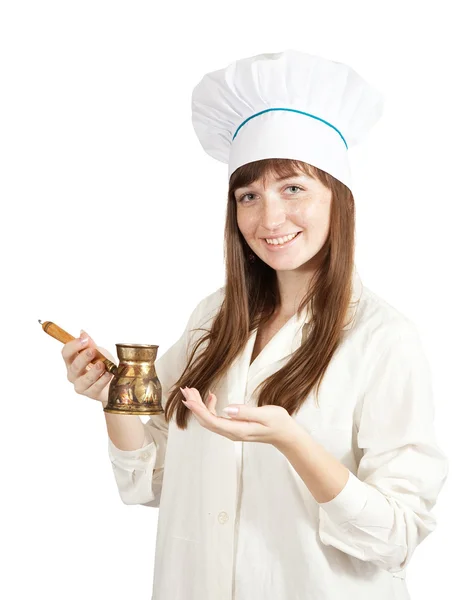 Koken meisje houdt van cezve — Stockfoto