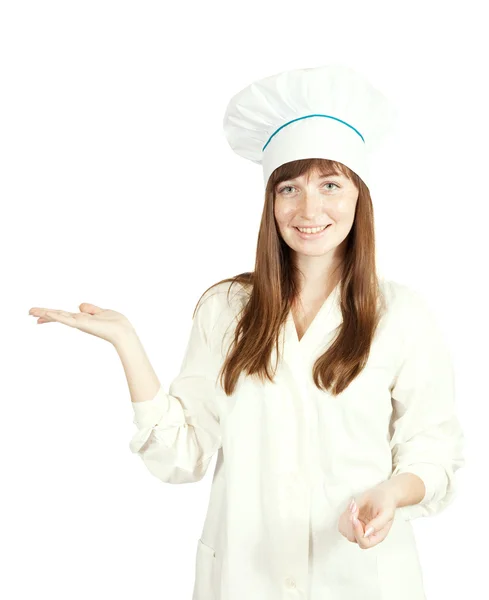 Female cook is pointing — Stock Photo, Image
