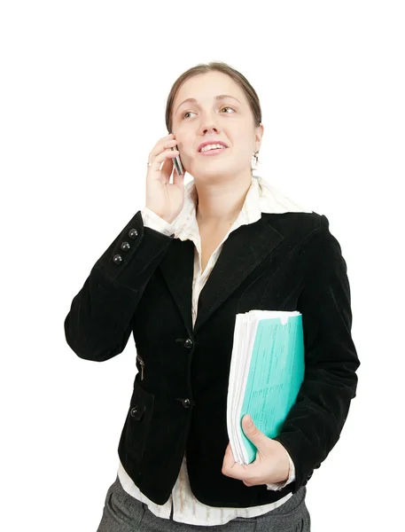 Девушка в деловом костюме, говорящая по мобильному — стоковое фото