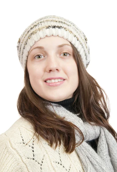 Long-haired girl in sweater and cap — Stock Photo, Image