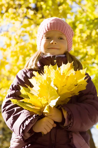 Menina com folhas de outono ao ar livre — Fotografia de Stock